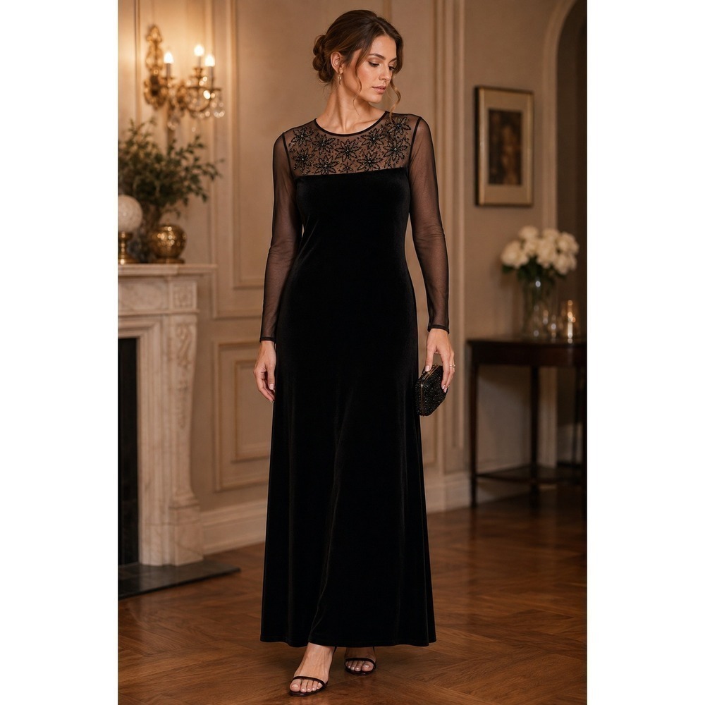 Vintage Ronni Nicole Black Velvet Maxi Dress Womens 8 Beaded Mesh Formal 90s